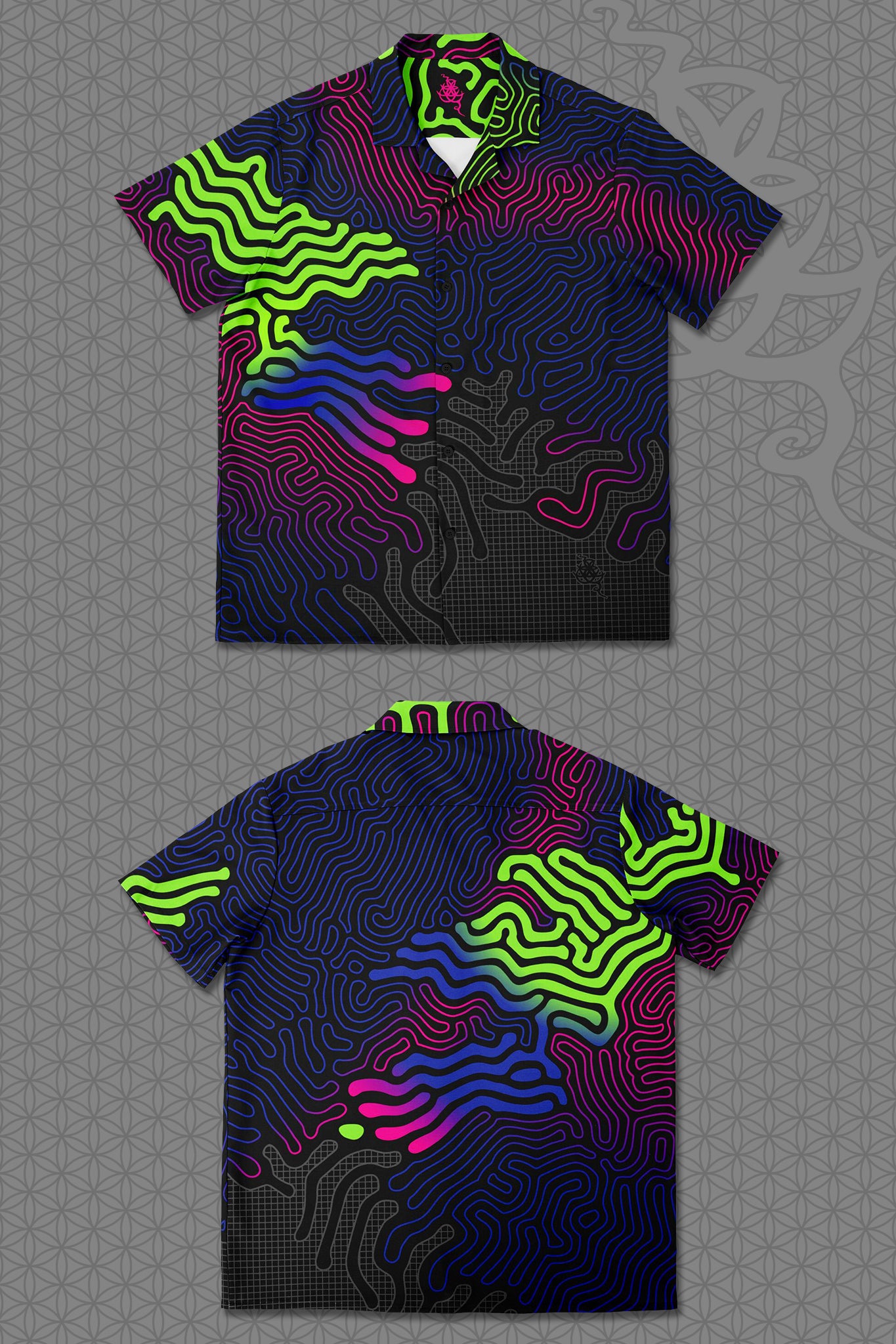lay-flat view psychedelic short sleeve camp shirt with black base and flowing neon reaction diffusion patterns in green, pink, blue, and purple, featuring button front and spread collar