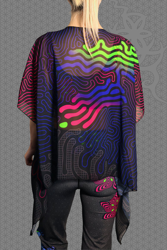 back view sheer chiffon psychedelic rave kimono with neon green, blue, and pink contour patterns on black worn over festival outfit