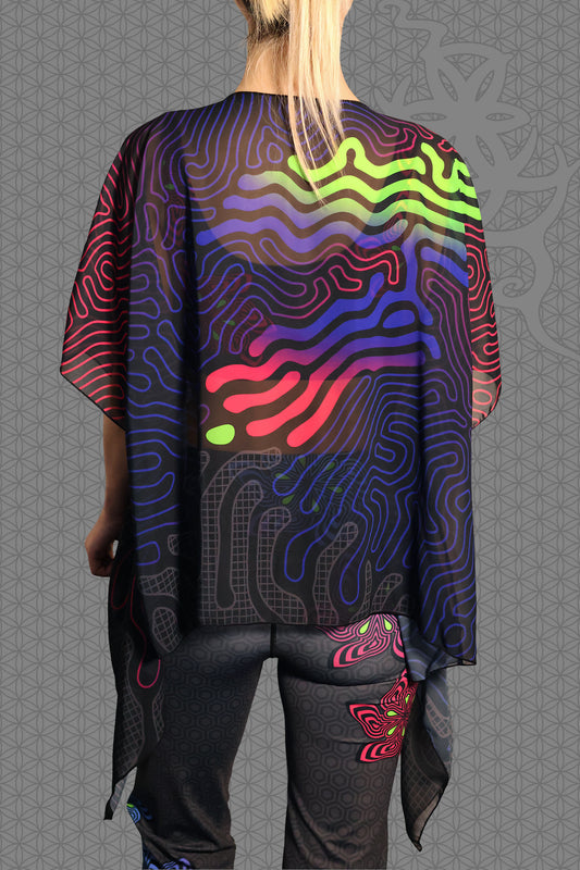 back view sheer chiffon psychedelic rave kimono with neon green, blue, and pink contour patterns on black worn over festival outfit