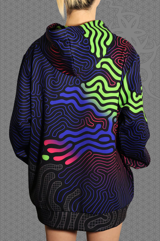 back view psychedelic rave zip hoodie with neon green, blue, and pink contour patterns on black with black fleece interior lining
