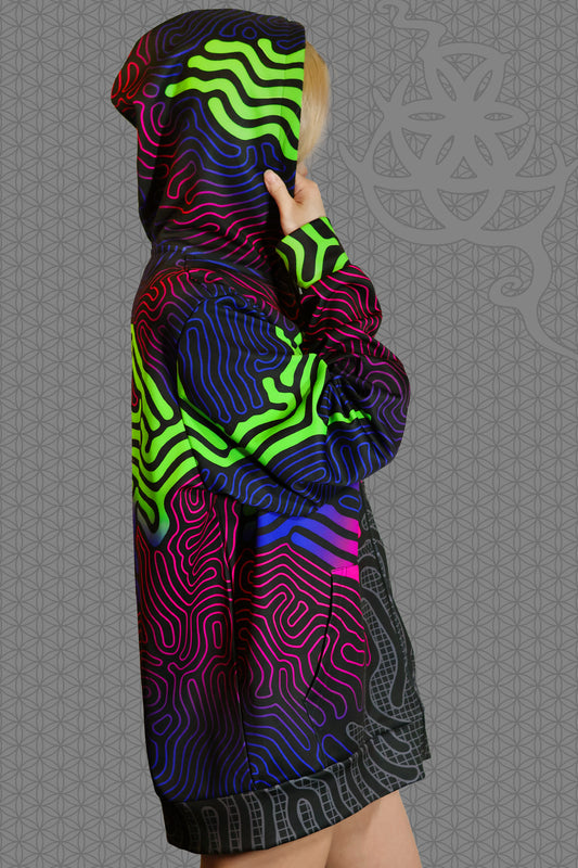 hood view psychedelic rave zip hoodie with neon green, blue, and pink contour patterns on black with black fleece interior lining