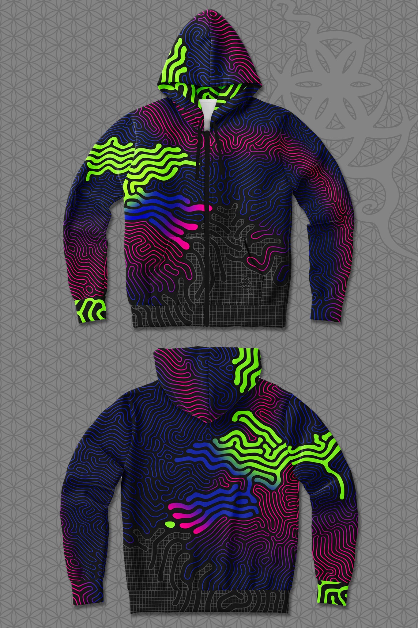 lay-flat view psychedelic rave zip hoodie with neon green, blue, and pink contour patterns on black and printed graphic hood lining