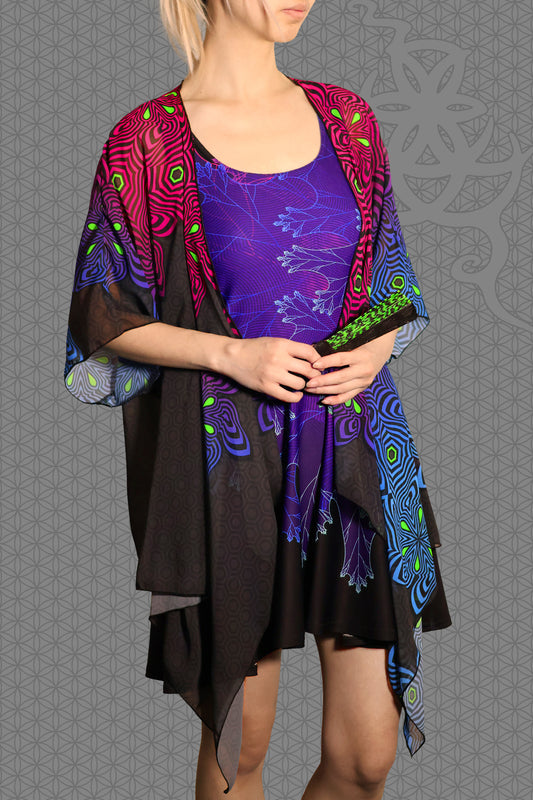 model view psychedelic rave skater dress with purple fractal botanical patterns and black gradient skirt