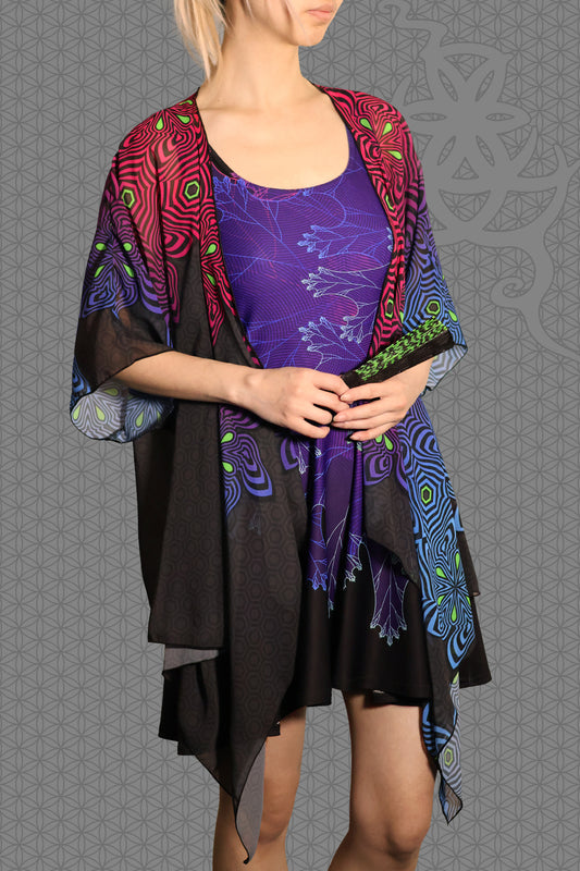 model view psychedelic rave skater dress with purple fractal botanical patterns and black gradient skirt