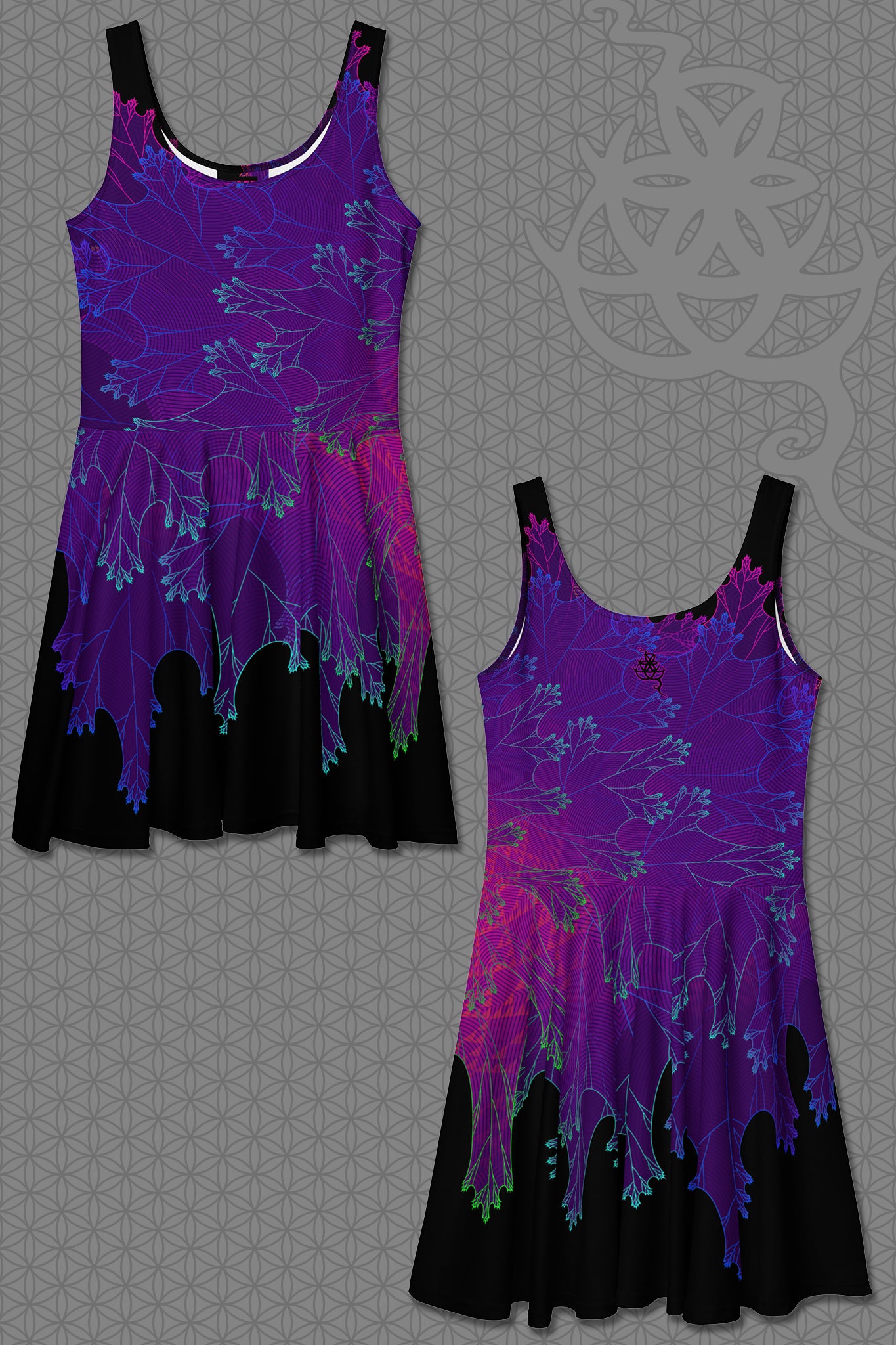 lay-flat view psychedelic rave skater dress with purple fractal botanical patterns and black gradient skirt