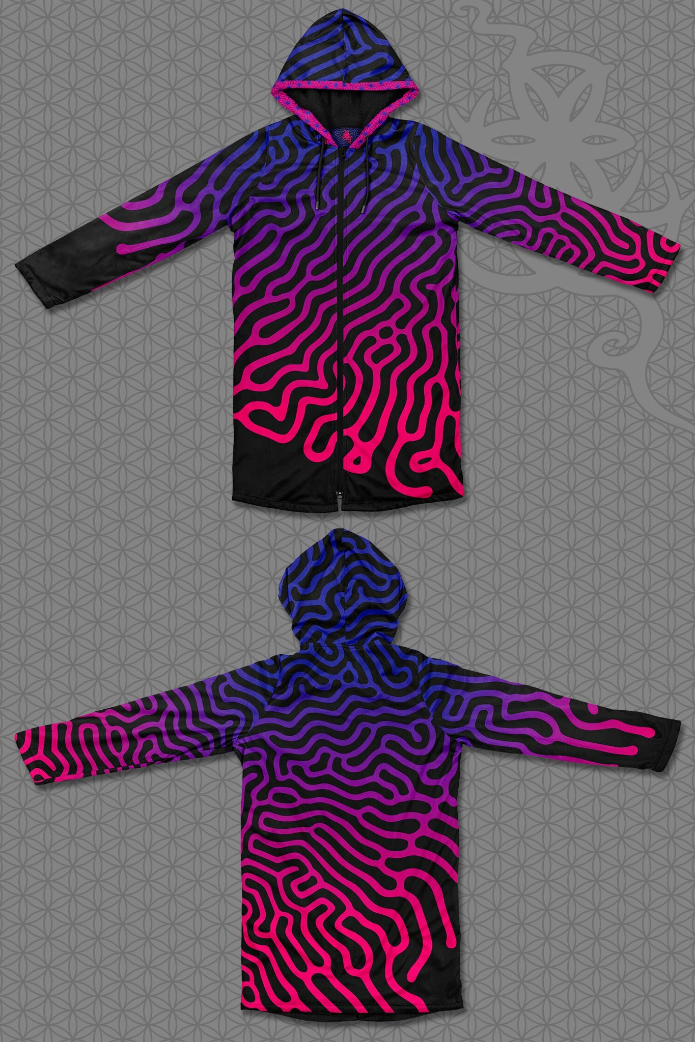 lay-flat view psychedelic hooded zip jacket with magenta-to-purple Turing pattern and reaction diffusion on black, contrasting rainbow geometric trim along the zipper and hood, and soft black fleece lining