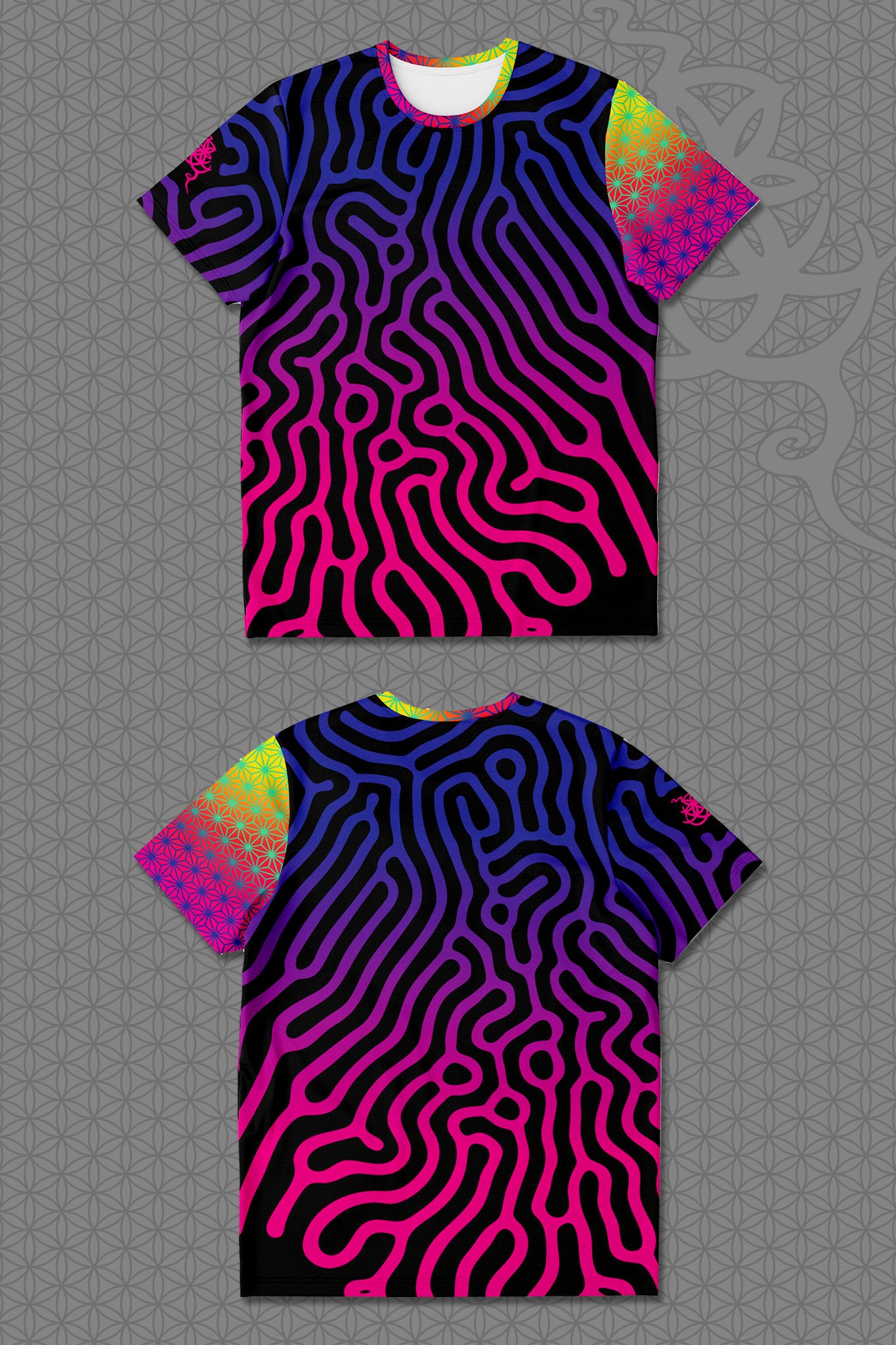 flat view psychedelic short sleeve t-shirt with black base and flowing pink-to-purple gradient pattern, featuring contrasting rainbow geometric trim on the sleeve and collar