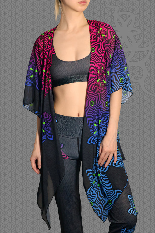 front view sheer chiffon psychedelic rave kimono with neon pink, purple, blue, and green geometric optical patterns on black