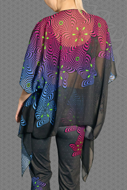 back view sheer chiffon psychedelic rave kimono with neon pink, purple, blue, and green geometric optical patterns on black