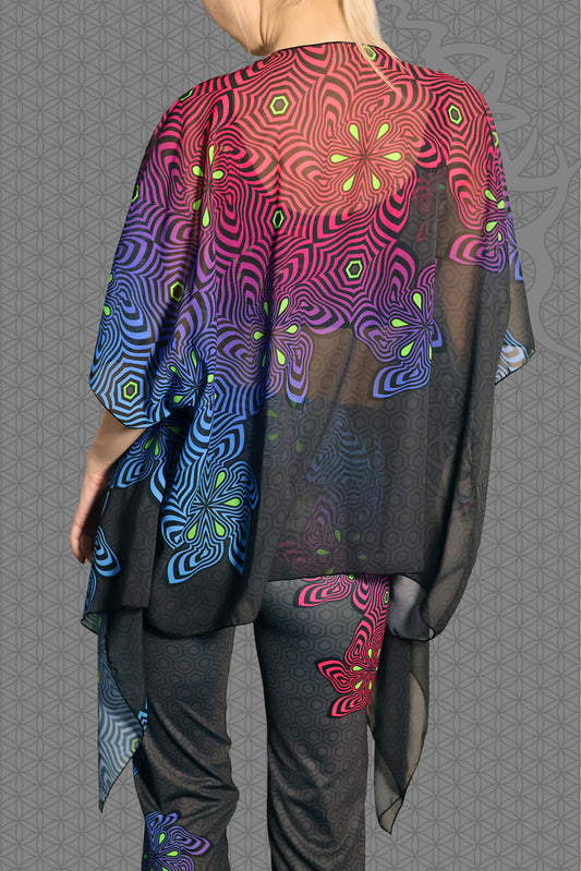 back view sheer chiffon psychedelic rave kimono with neon pink, purple, blue, and green geometric optical patterns on black