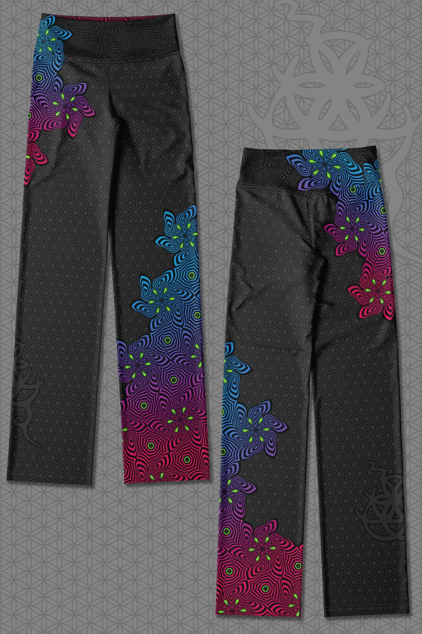 lay-flat view psychedelic rave flare leggings with neon pink, purple, blue, and green flower patterns on black