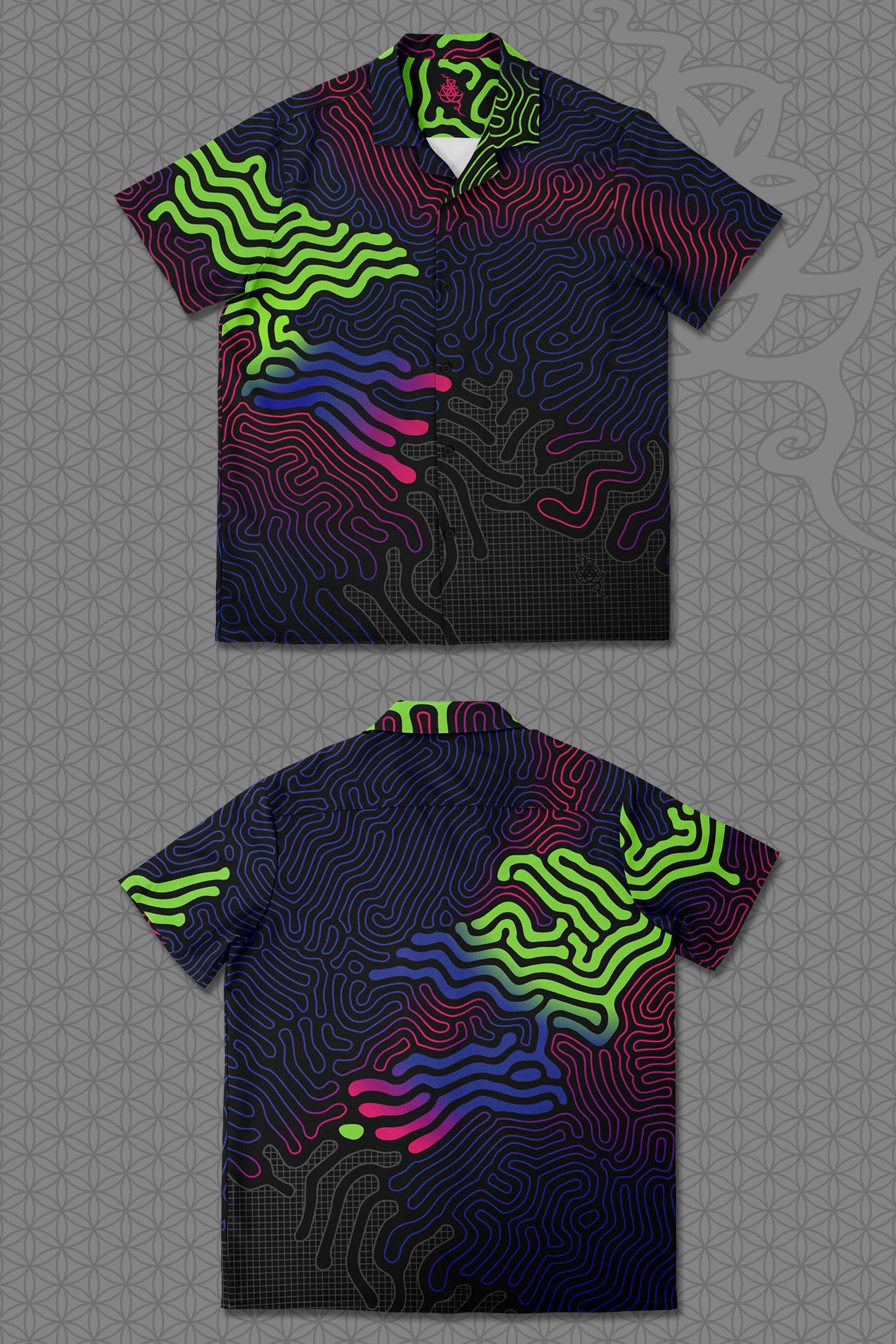 lay-flat view psychedelic short sleeve camp shirt with black base and flowing neon reaction diffusion patterns in green, pink, blue, and purple, featuring button front and spread collar
