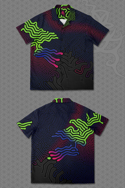 lay-flat view psychedelic short sleeve camp shirt with black base and flowing neon reaction diffusion patterns in green, pink, blue, and purple, featuring button front and spread collar