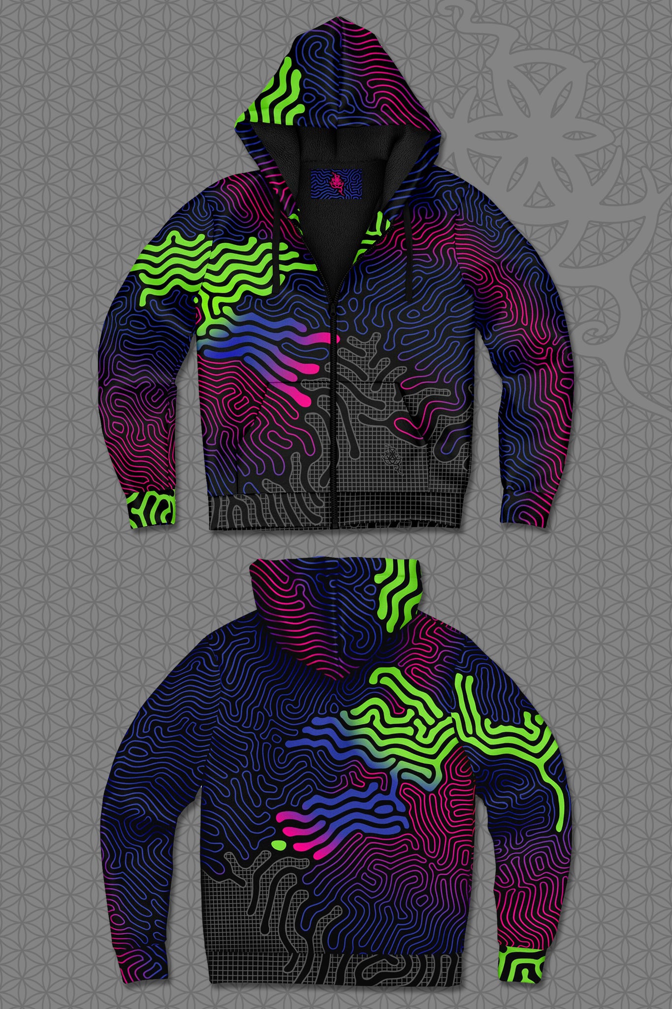 lay-flat view psychedelic rave zip hoodie with neon green, blue, and pink contour patterns on black with black fleece interior lining