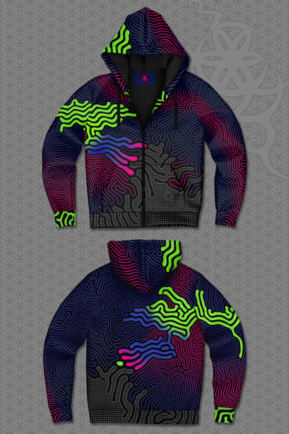 lay-flat view psychedelic rave zip hoodie with neon green, blue, and pink contour patterns on black with black fleece interior lining