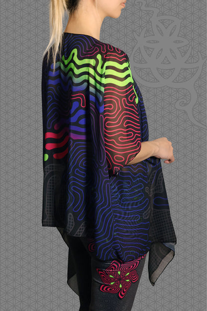 right view sheer chiffon psychedelic rave kimono with neon green, blue, and pink contour patterns on black worn over festival outfit