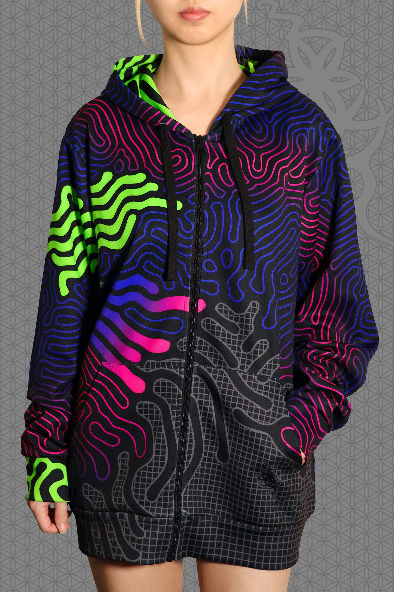 front view psychedelic rave zip hoodie with neon green, blue, and pink contour patterns on black with black fleece interior lining