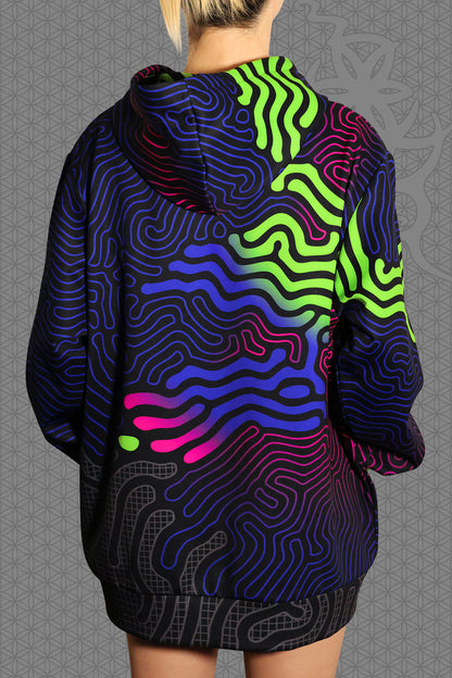 back view psychedelic rave zip hoodie with neon green, blue, and pink contour patterns on black with black fleece interior lining