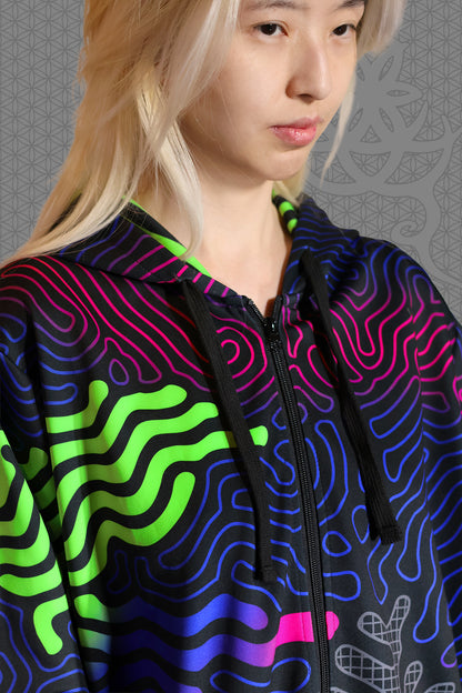 close-up view psychedelic rave zip hoodie with neon green, blue, and pink contour patterns on black with black fleece interior lining