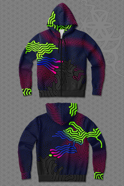 lay-flat view psychedelic rave zip hoodie with neon green, blue, and pink contour patterns on black and printed graphic hood lining