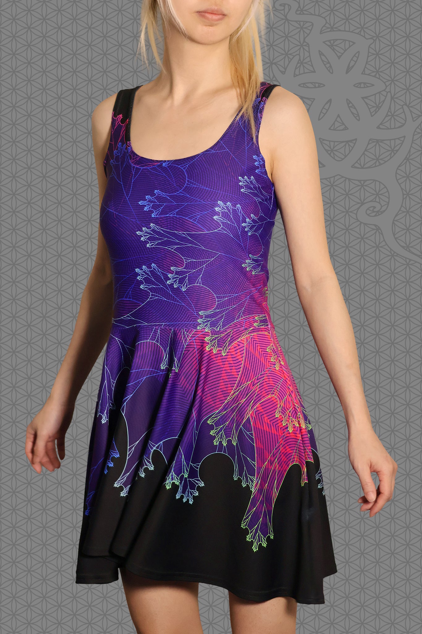 front view psychedelic rave skater dress with purple fractal botanical patterns and black gradient skirt
