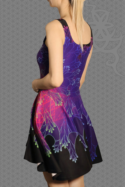 left view psychedelic rave skater dress with purple fractal botanical patterns and black gradient skirt