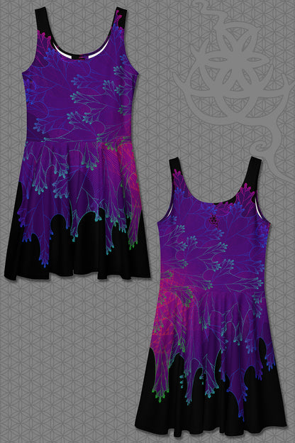 lay-flat view psychedelic rave skater dress with purple fractal botanical patterns and black gradient skirt