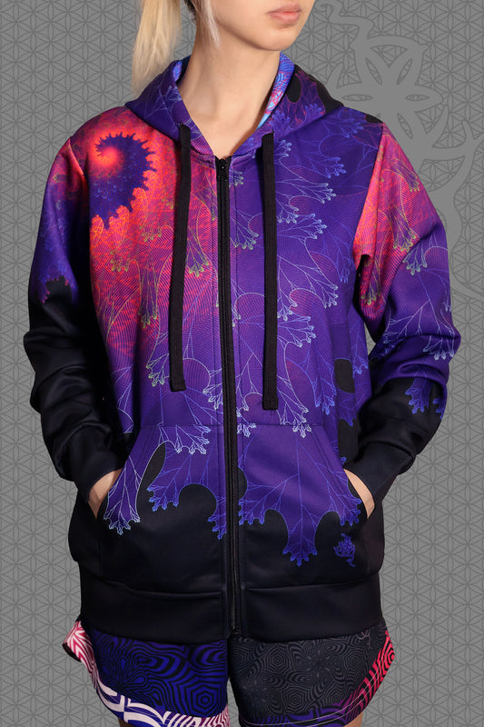 front view psychedelic rave zip hoodie with purple fractal spiral pattern on black with black fleece lining