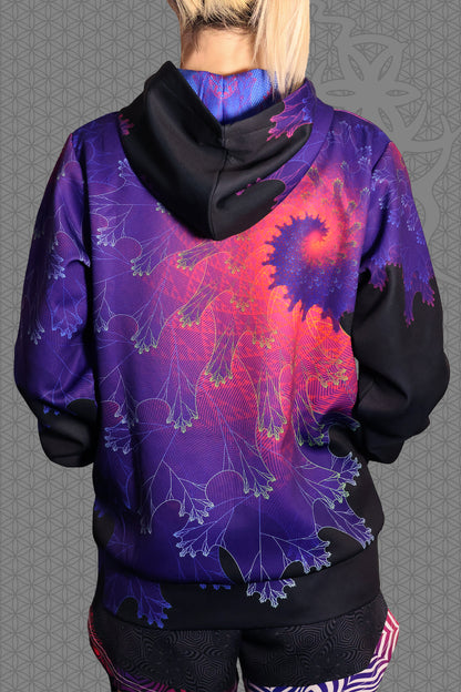back view psychedelic rave zip hoodie with purple fractal spiral pattern on black with black fleece lining