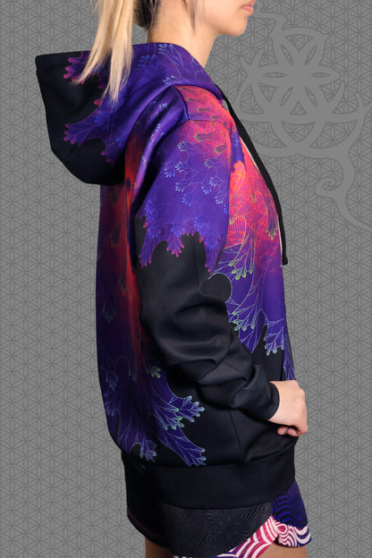 right view psychedelic rave zip hoodie with purple fractal spiral pattern on black with black fleece lining