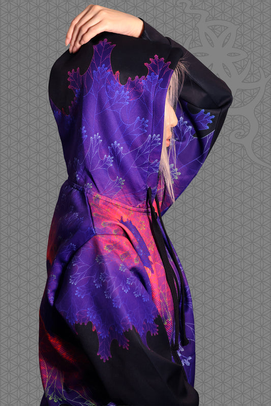 close-up view psychedelic rave zip hoodie with purple fractal spiral pattern on black with black fleece lining