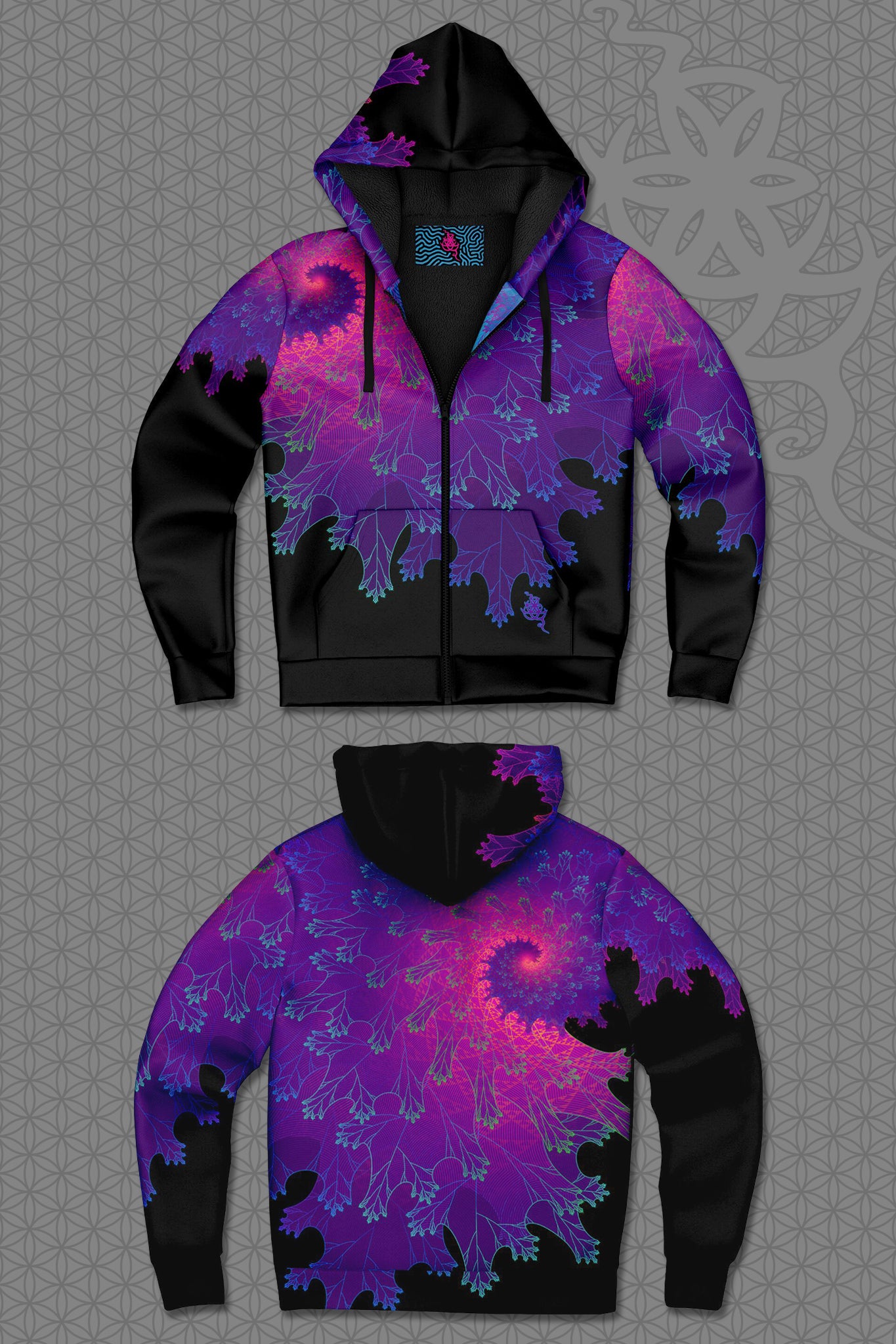 lay-flat view psychedelic rave zip hoodie with purple fractal spiral pattern on black with black fleece lining