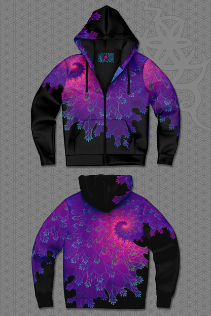 lay-flat view psychedelic rave zip hoodie with purple fractal spiral pattern on black with black fleece lining