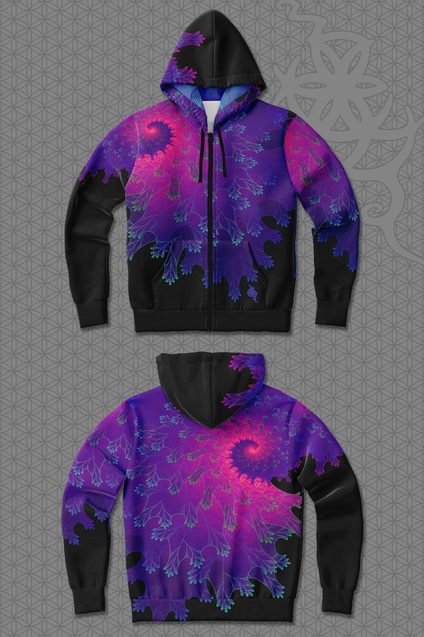 lay-flat view psychedelic rave zip hoodie with purple fractal spiral pattern and black sleeves