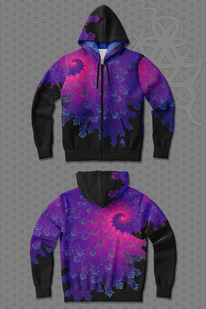 lay-flat view psychedelic rave zip hoodie with purple fractal spiral pattern and black sleeves