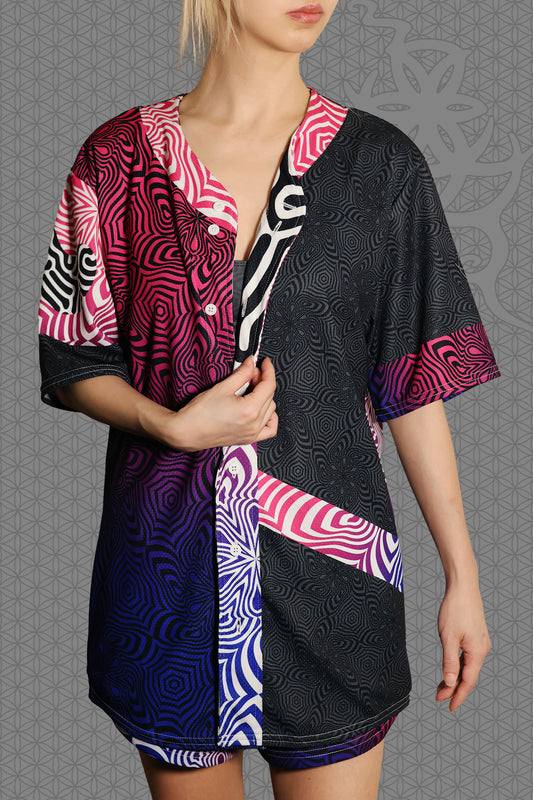 front view psychedelic rave baseball jersey with neon pink, purple, and blue geometric optical patterns and gradient panels