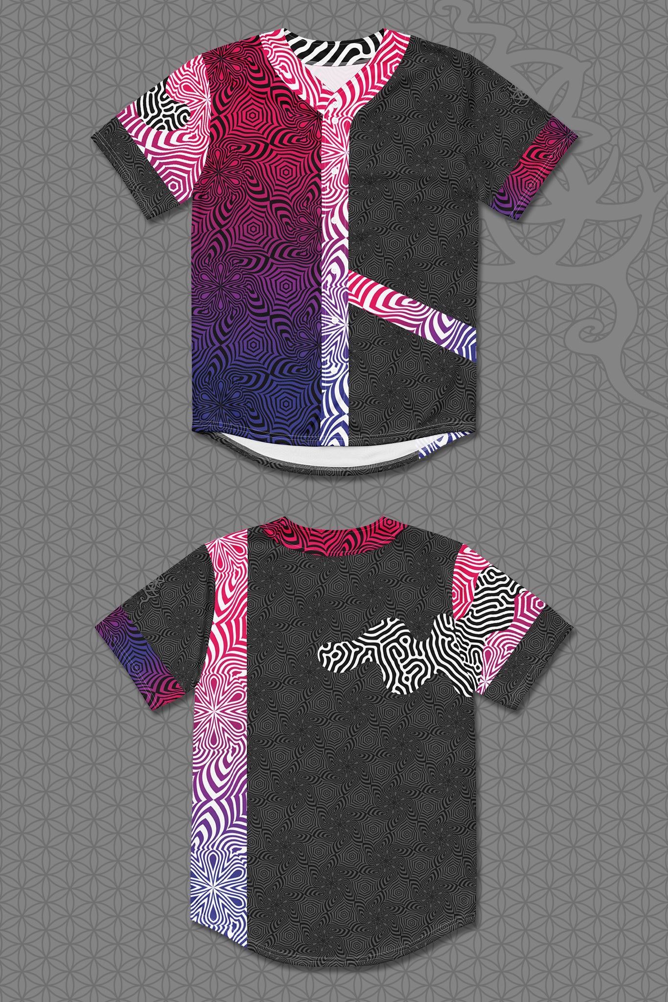 lay-flat view psychedelic rave baseball jersey with neon pink, purple, and blue geometric optical patterns and gradient panels