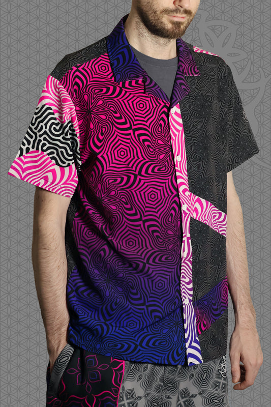 front view psychedelic rave camp shirt with neon pink, purple, and blue geometric optical patterns and gradient panels