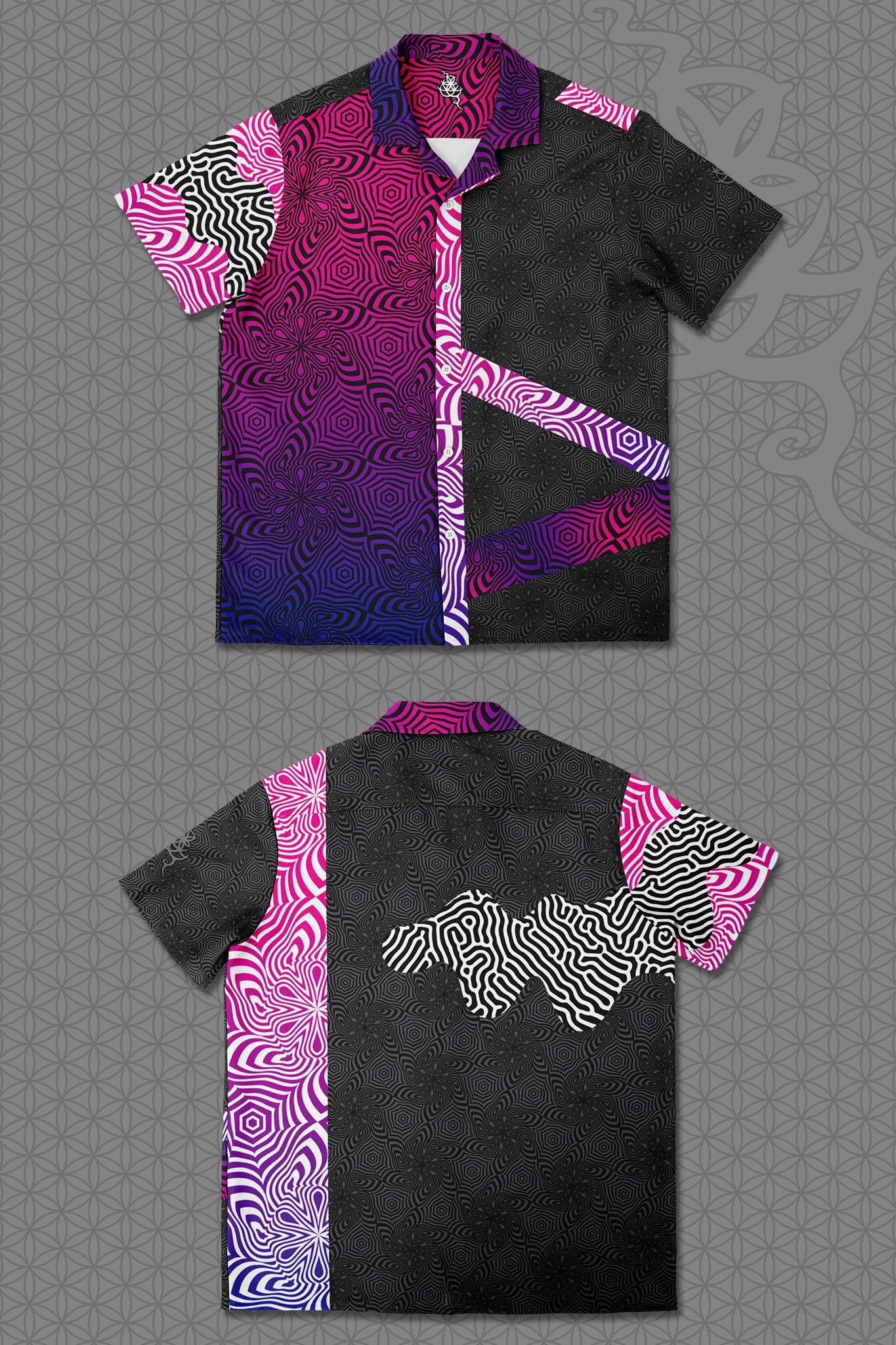 flat view psychedelic rave camp shirt with neon pink, purple, and blue geometric optical patterns and gradient panels