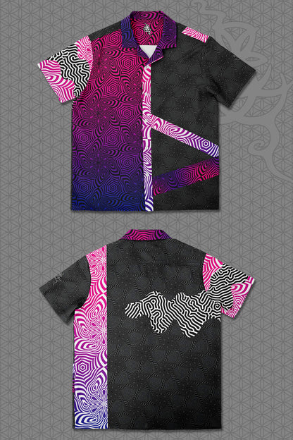 flat view psychedelic rave camp shirt with neon pink, purple, and blue geometric optical patterns and gradient panels