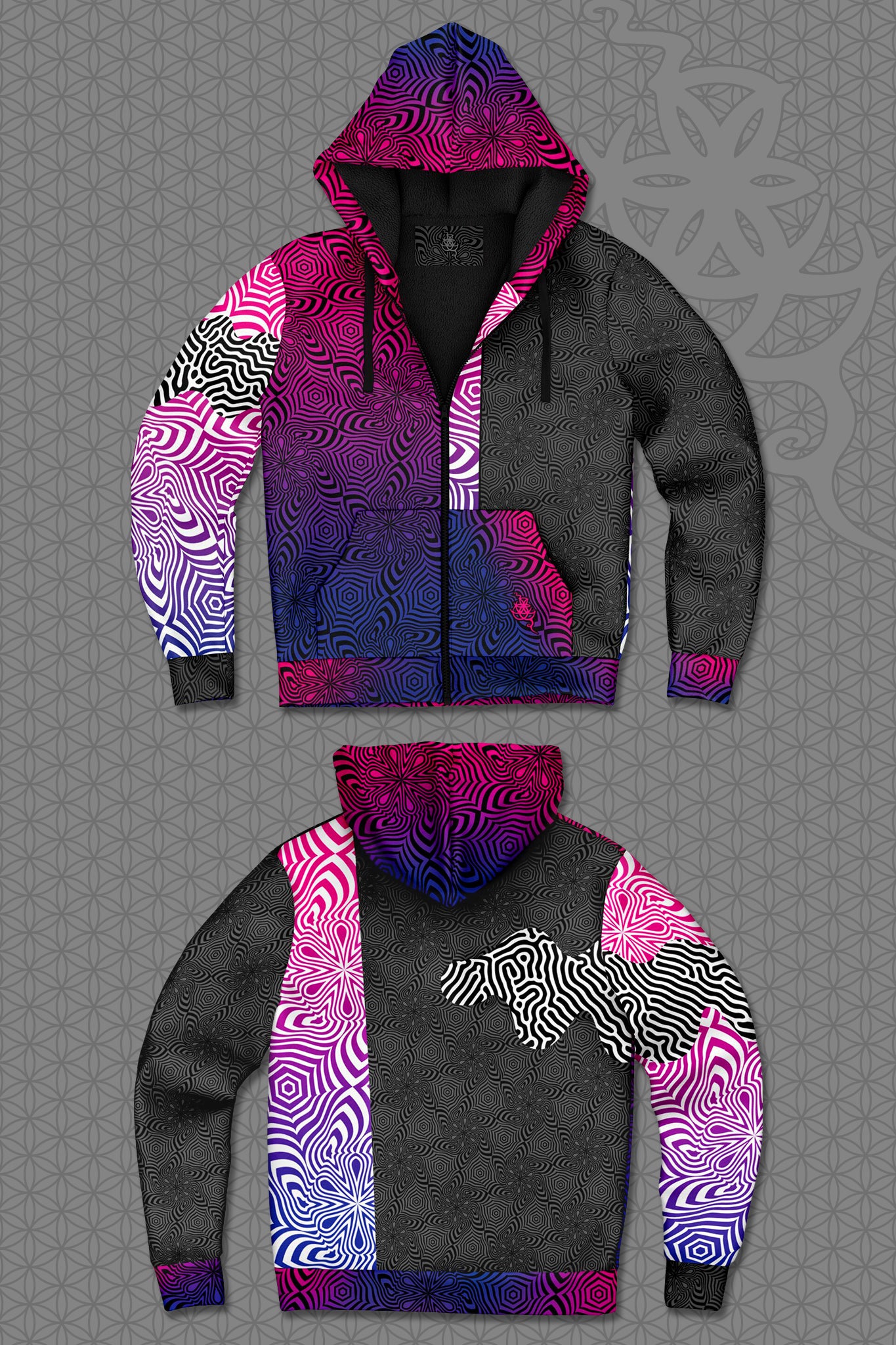 lay-flat view psychedelic rave zip hoodie with neon pink, purple, and blue geometric optical patterns and black panel design with black fleece interior lining