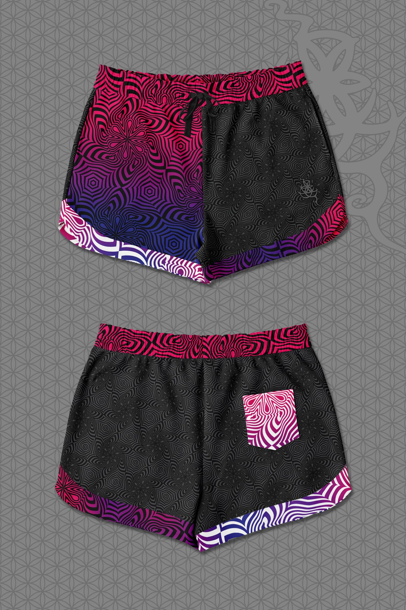 lay-flat view psychedelic loose-fit shorts with black geometric pattern body, magenta-to-purple optical pattern panels and waistband, gradient pink-purple-blue accents, drawstring waist, and contrasting patterned back pocket