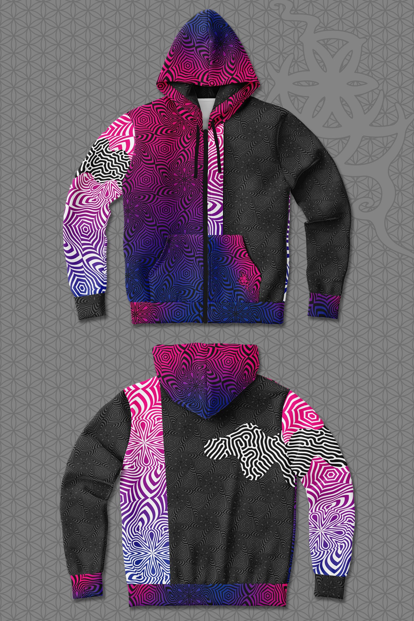 lay-flat view psychedelic rave zip hoodie with neon pink, purple, and blue geometric optical patterns and black panel design