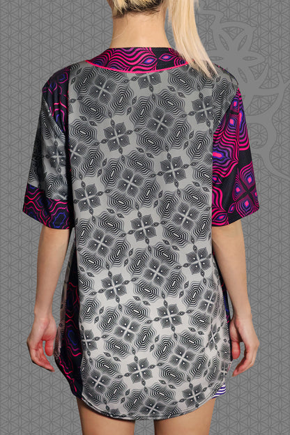 back view psychedelic rave baseball jersey with black and neon pink geometric optical patterns and contrasting gray psychedelic pattern panels
