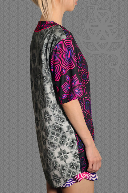 right view psychedelic rave baseball jersey with black and neon pink geometric optical patterns and contrasting gray psychedelic pattern panels
