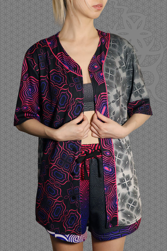 front view unbuttoned psychedelic rave baseball jersey with black and neon pink geometric optical patterns and contrasting gray psychedelic pattern panels
