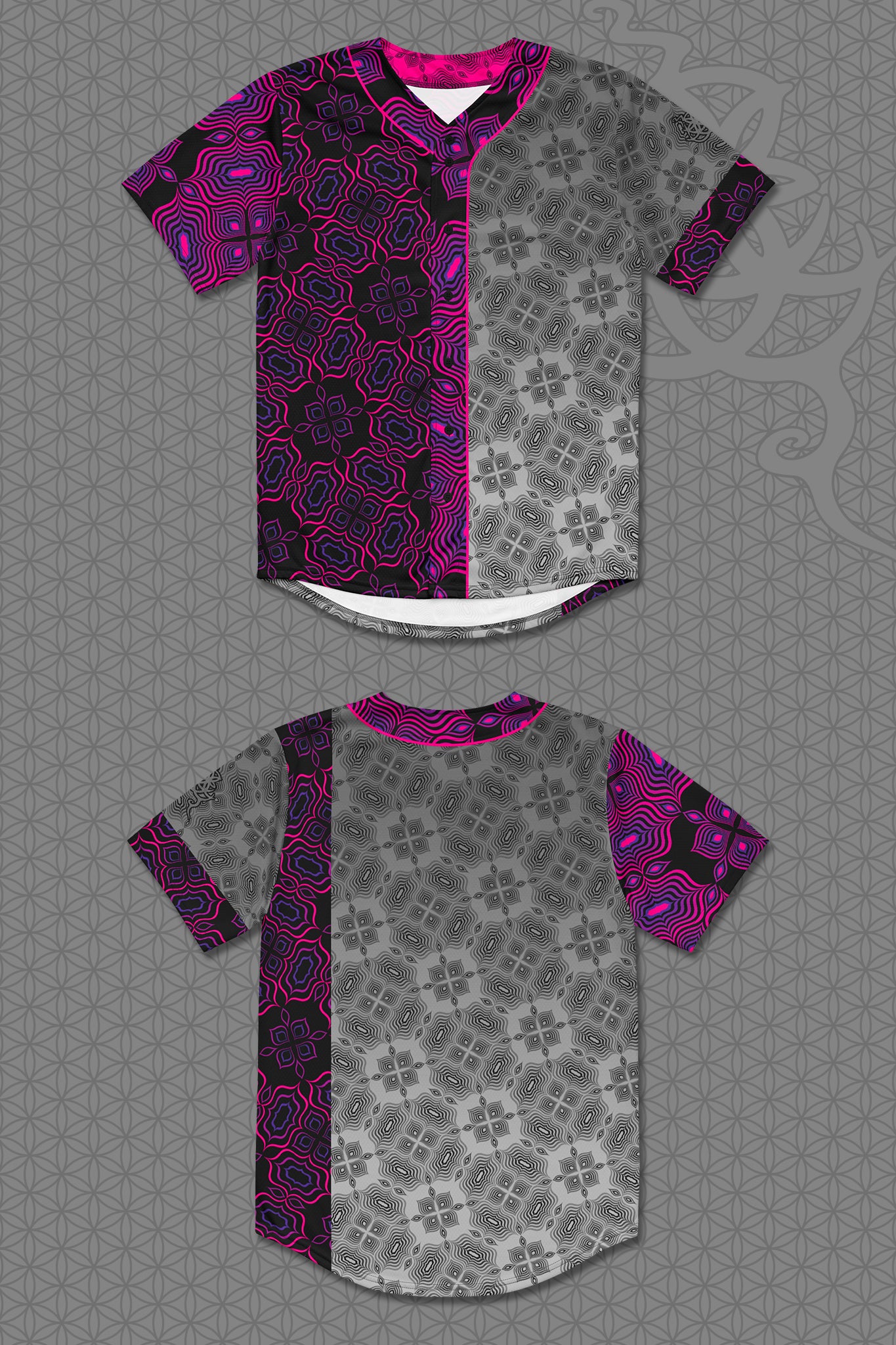 lay-flat view psychedelic rave baseball jersey with black and neon pink geometric optical patterns and contrasting gray psychedelic pattern panels

