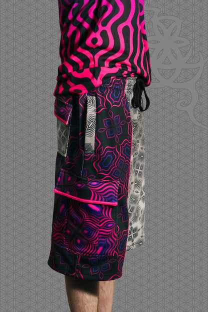 right view psychedelic cargo shorts with split design featuring grey geometric pattern on one side and vibrant pink-purple pattern on the other, with drawstring waist and side cargo pockets