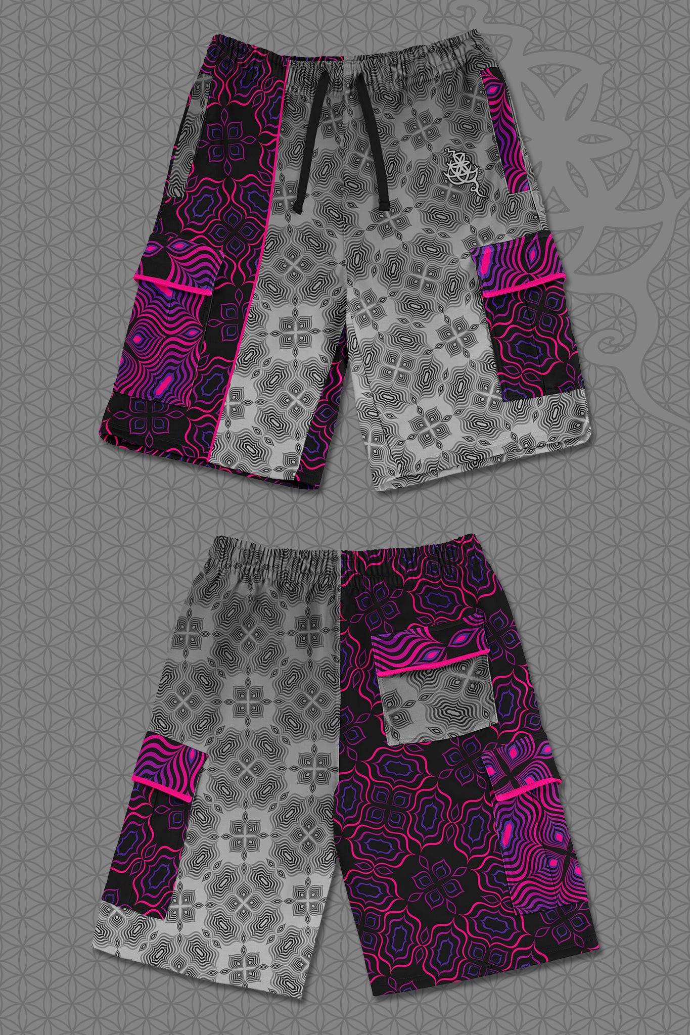 flat view psychedelic cargo shorts with split design featuring grey geometric pattern on one side and vibrant pink-purple pattern on the other, with drawstring waist and side cargo pockets