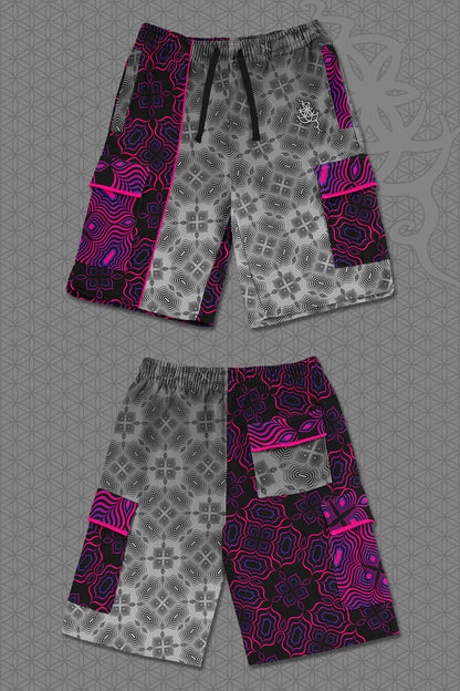 flat view psychedelic cargo shorts with split design featuring grey geometric pattern on one side and vibrant pink-purple pattern on the other, with drawstring waist and side cargo pockets